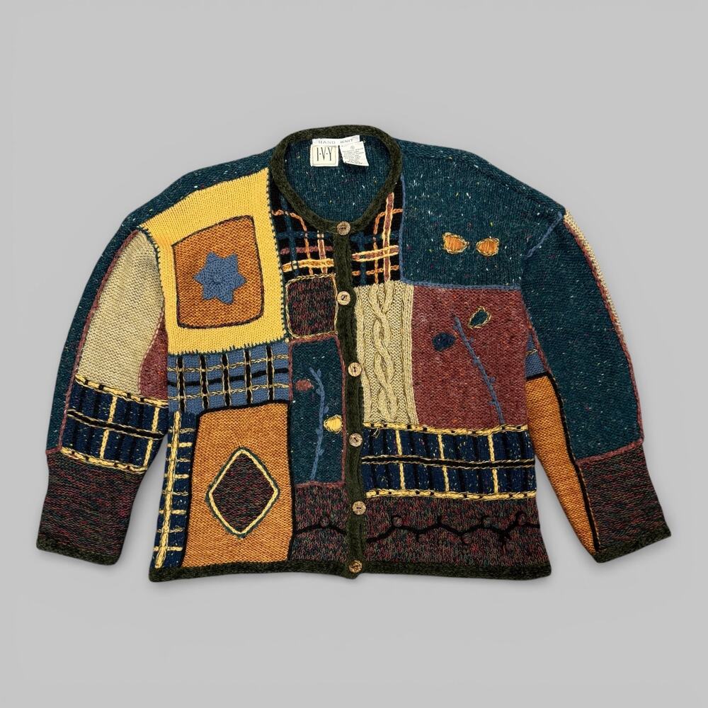 I.V.Y S women’s hand knit knitted abstract cardigan sweater vintage 3d